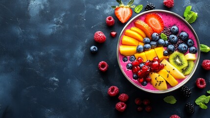 A high-quality AI-generated stock image of a colorful smoothie bowl with various fruits on the right side, leaving space on the left for text. Ideal for health, nutrition, and culinary content.