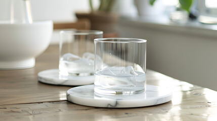 Fototapeta premium A set of marble coasters with glasses of water placed neatly on top