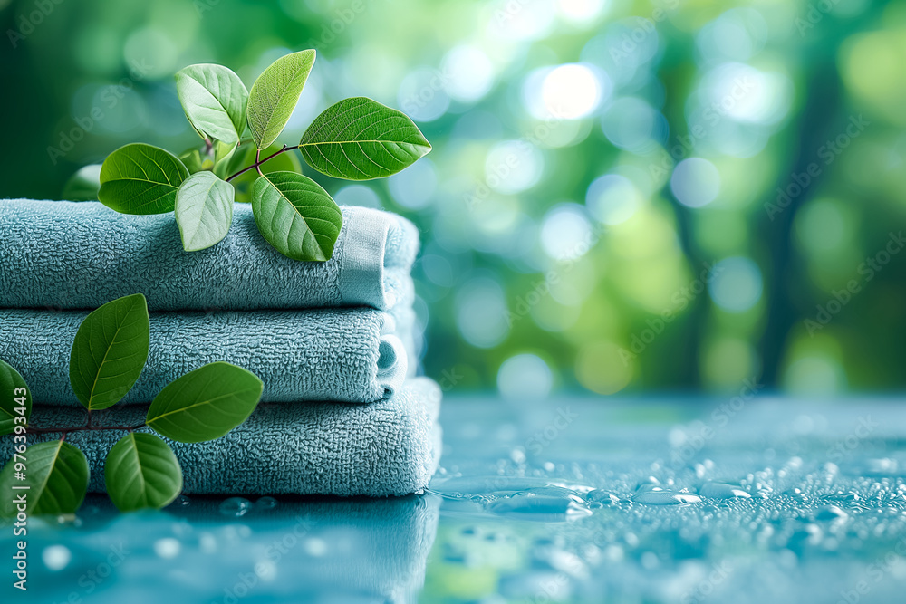 Poster soft towels are stacked neatly beside fresh green leaves on a reflective surface, creating a calming