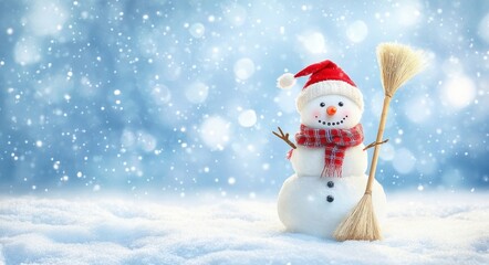 Happy, smiling snowman with a red hat and scarf, holding a broom in hand against a winter background. Free space for text or product display, Copy Paste