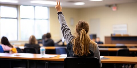 A student raising their hand in a classroom, symbolizing engagement and participation in an educational setting, with other students and desks visible.