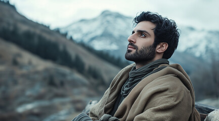 A handsome man with dark hair and a beard gazes upward thoughtfully, dressed in earth-toned clothing, a draped shawl, and a scarf, set against a cold, mountainous backdrop.