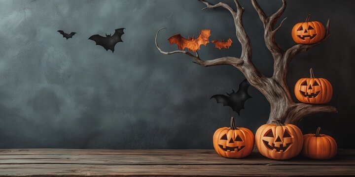 Fundo r&uacute;stico para banner de Halloween com madeira desgastada e &aacute;rvore seca