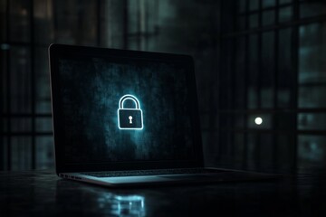 Laptop with an illuminated padlock icon on the screen, set against a dark background. Online security and data protection