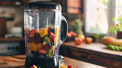 A sleek blender filled with a colorful fruit smoothie in the making
