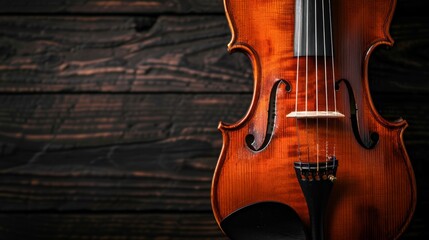 Fototapeta premium A high-quality AI-generated stock image of a close-up of a violin with a bow on the left side, leaving space on the right for text. Ideal for music, performance, and artistic content.