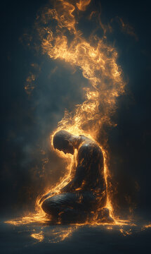 painting of a man praying while fire illuminates him