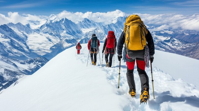 Mountaineers navigating steep glacier using ropes ice axes for challenging ascent. AI generated