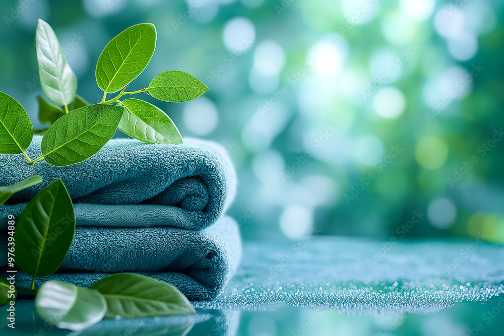 Poster luxurious soft towels sit neatly stacked next to delicate green leaves, creating a calming atmospher
