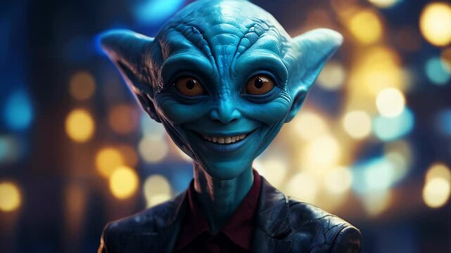 A whimsical blue alien character smiles warmly in a colorful urban setting at night, surrounded by soft glowing lights