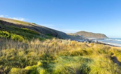 Landscape views toward Rosetta Head or The Bluff from beaches along the Victor Harbor Heritage Trail on the Fleurieu Peninsula in South Australia