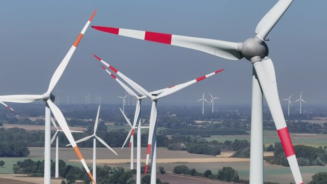 Wind farm near Anklam, drone video of wind turbines, Sarnow, Mecklenburg-Western Pomerania, Germany, Europe