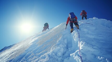 Mountaineers navigating steep glacier using ropes ice axes for challenging ascent. AI generated