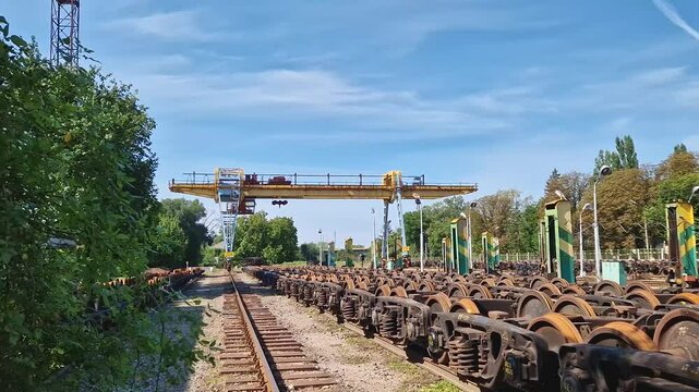 UNGHENI, MOLDOVA, AUGUST 08, 2024 Wagon wheels transposition point of the Moldovan railways. The place of changing the gauge of trains from Russian lines to European, in the city at Romania border