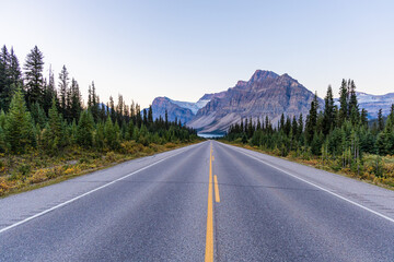Naklejka premium Scenic Road Leading to Majestic Mountain Peaks in Banff, Alberta, Canada With Lush Pine Forests