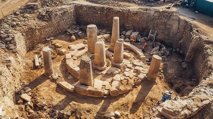 Archaeological site featuring ancient stone monuments with surrounding excavation work