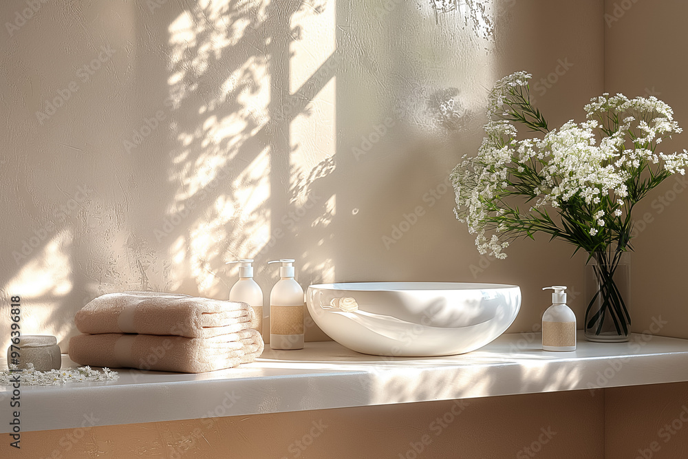 Poster A tranquil bathroom setting showcases neatly folded soft towels, an elegant bowl, small glass bottles, and a fresh bouquet of flowers. Natural light enhances the soothing atmosphere