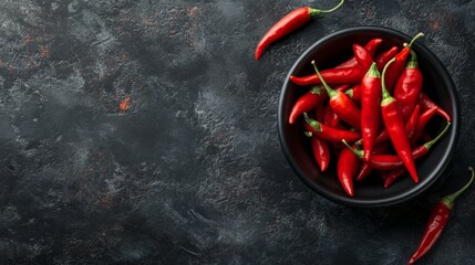 A high-quality AI-generated stock image of a bowl of vibrant red chili peppers on the right side, leaving space on the left for text. Ideal for food, cooking, and spice-related content.