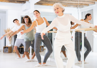 Fototapeta premium Group of people of different ages practice ballet moves in classical dance school.