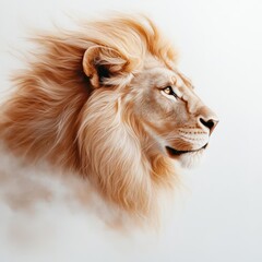 Close-up view of a majestic lion, showcasing its vibrant mane and expressive features against a soft background.