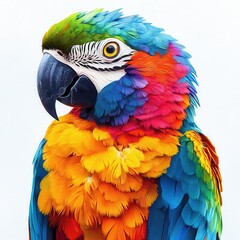 Vibrant parrot with colorful feathers, showcasing a stunning array of blue, green, orange, and yellow hues against a light background.