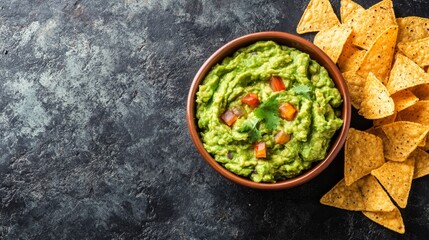 A high-quality AI-generated stock image of a bowl of vibrant green guacamole with tortilla chips on the right side, leaving space on the left for text. Perfect for food, snack, and party content.