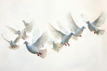 A serene moment capturing white doves in flight, symbolizing freedom and peace against a soft background.