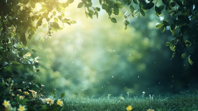 Beautiful nature background with green grass, trees, and flowers. Free space for text or product display