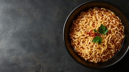 A high-quality AI-generated stock image of a bowl of spicy ramen noodles on the right side, leaving space on the left for text. Ideal for food, cooking, and Asian cuisine content.
