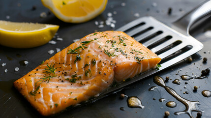 A stainless steel fish spatula lying next to a cooked salmon fillet