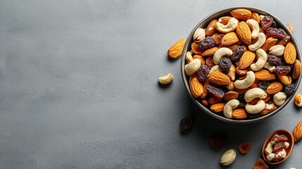 A high-quality AI-generated stock image of a bowl of mixed nuts and dried fruits on the right side, leaving space on the left for text. Ideal for snack, health, and lifestyle content.