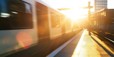 Fototapeta premium A high-speed train is captured in motion as it arrives or leaves a brightly lit train station, representing the rapid pace of modern transportation and connectivity.