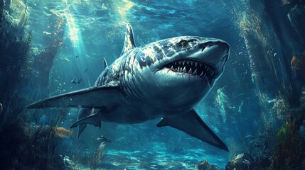 A great white shark swimming in the deep sea