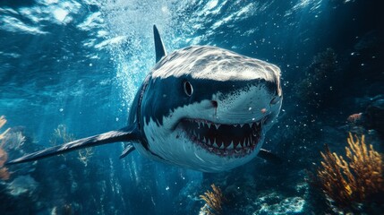 A great white shark swimming in the deep sea