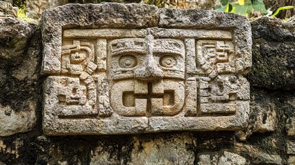 Ancient stone wall with intricate carvings of deities and mythological figures