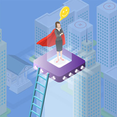 3D Isometric Flat Vector Illustration of Super Businesswoman, Woman Standing on a Top Overlooking Cityscape