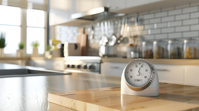 A stylish kitchen timer set on a clean kitchen counter