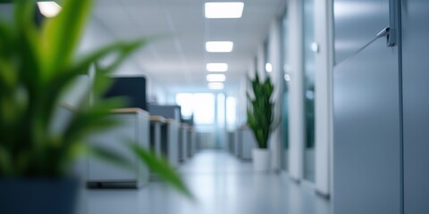 A modern, empty office corridor features bright lighting, plants, and deserted desks, highlighting a clean and organized work environment with no occupants.