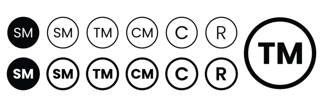 Set of Smart mark and trademark right icon collection with circle. Registered trademark symbol. Vector Illustration.