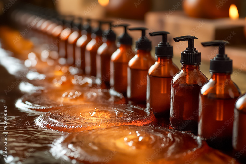 Poster a series of amber-colored bottles are arranged neatly on a rustic wooden table, with water droplets 