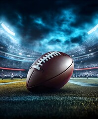 American Football on the Field Under Stadium Lights – Dramatic Sports Scene Background with Smoke and Turf, Perfect for Game Day, Competitions, Championships, and Sports Advertising