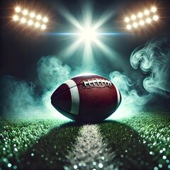 American Football on the Field Under Stadium Lights – Dramatic Sports Scene Background with Smoke and Turf, Perfect for Game Day, Competitions, Championships, and Sports Advertising