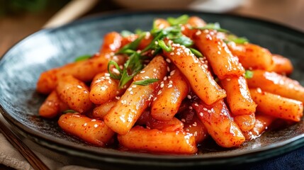 Tteokbokki with Gochujang Sauce, Fish Cakes, and Sesame Seeds