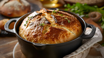A traditional cast iron Dutch oven with a loaf of bread rising inside