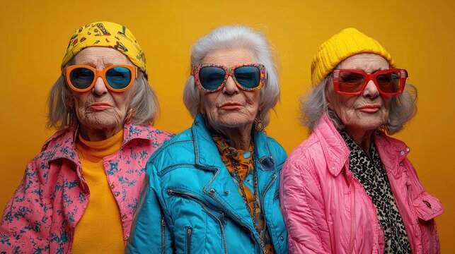 Funny old person portraits. 80s style outfit. Dab dance on colored backgrounds. Concept about seniority and old people