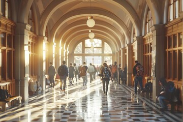 A group of people walk down a hallway in a building