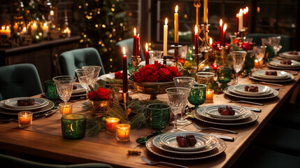 A top-down view of a beautifully set Christmas Eve table, featuring food and beverage