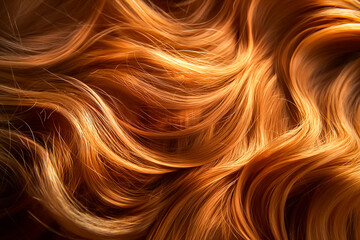 Soft, wavy strands of auburn hair flow gracefully, revealing a silky texture and warm hues. The light enhances the natural shine and movement of the hair