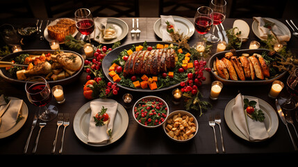 A top-down view of a beautifully set Christmas Eve table, featuring food and beverage