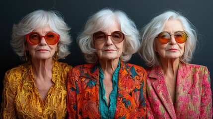 Funny old person portraits. 80s style outfit. Dab dance on colored backgrounds. Concept about seniority and old people